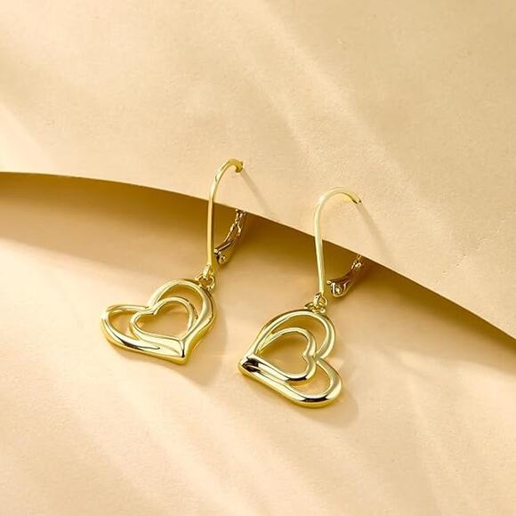 14K Gold Plated Heart Dangle Earrings Dangling Trendy Women Leverback Earings - Picture 5 of 5